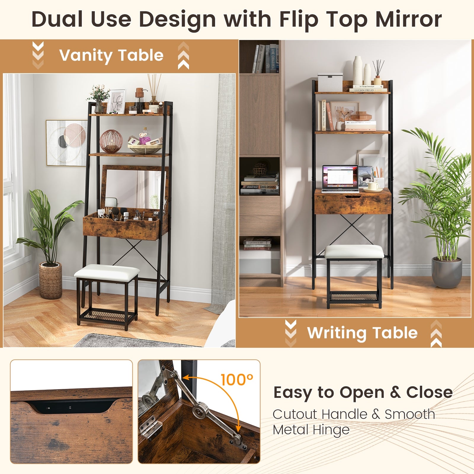 Ladder Vanity Desk Set with Flip Top Mirror and Cushioned Stool, Black Makeup Vanities at Gallery Canada