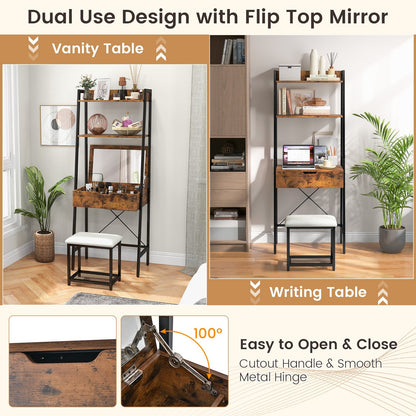 Ladder Vanity Desk Set with Flip Top Mirror and Cushioned Stool, Black