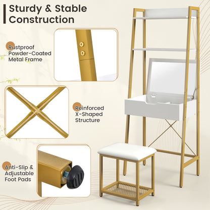 Ladder Vanity Desk Set with Flip Top Mirror and Cushioned Stool, Golden