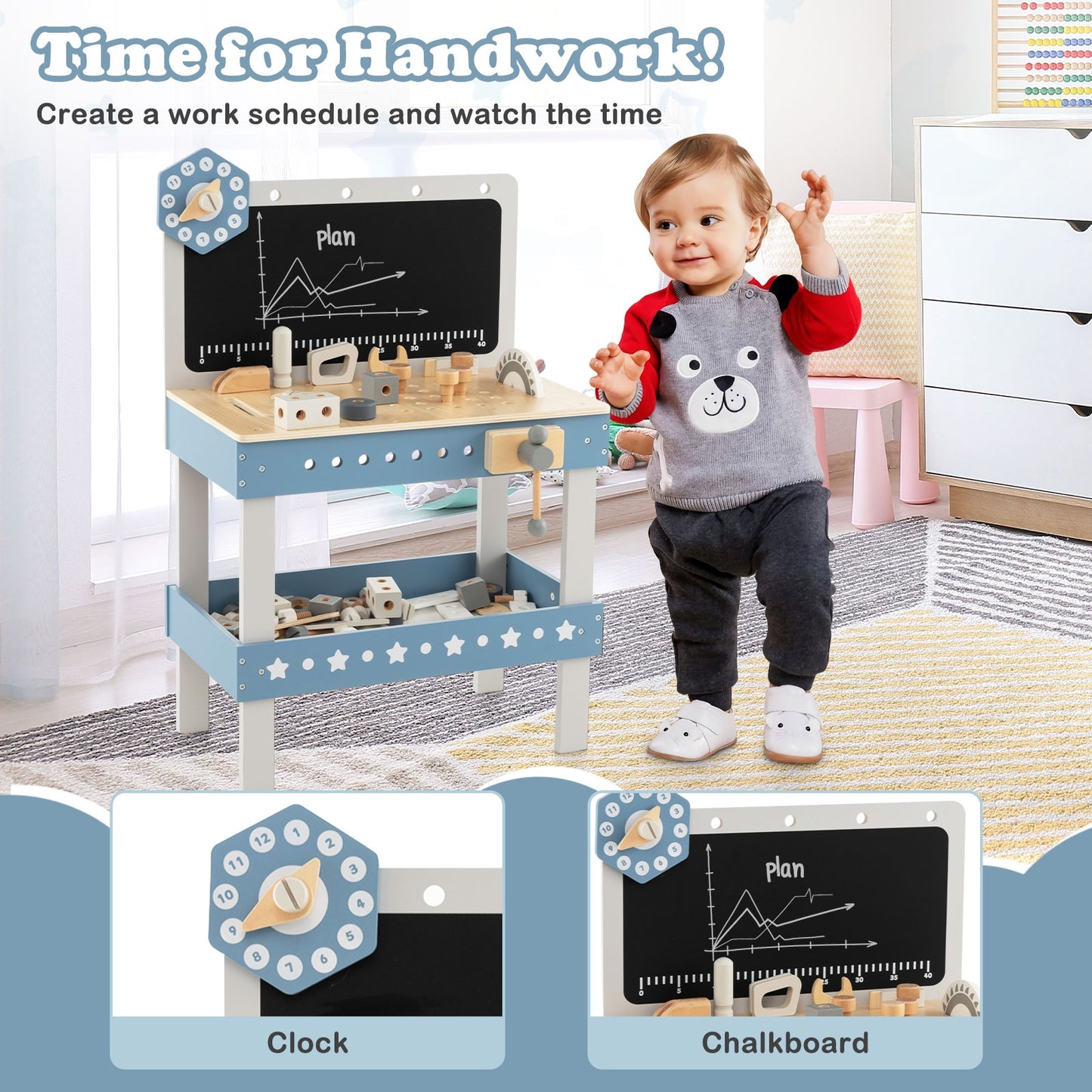 Kids Play Tool Workbench Set with 61 Pcs Tool and Parts Set, Blue Pretend Toys at Gallery Canada