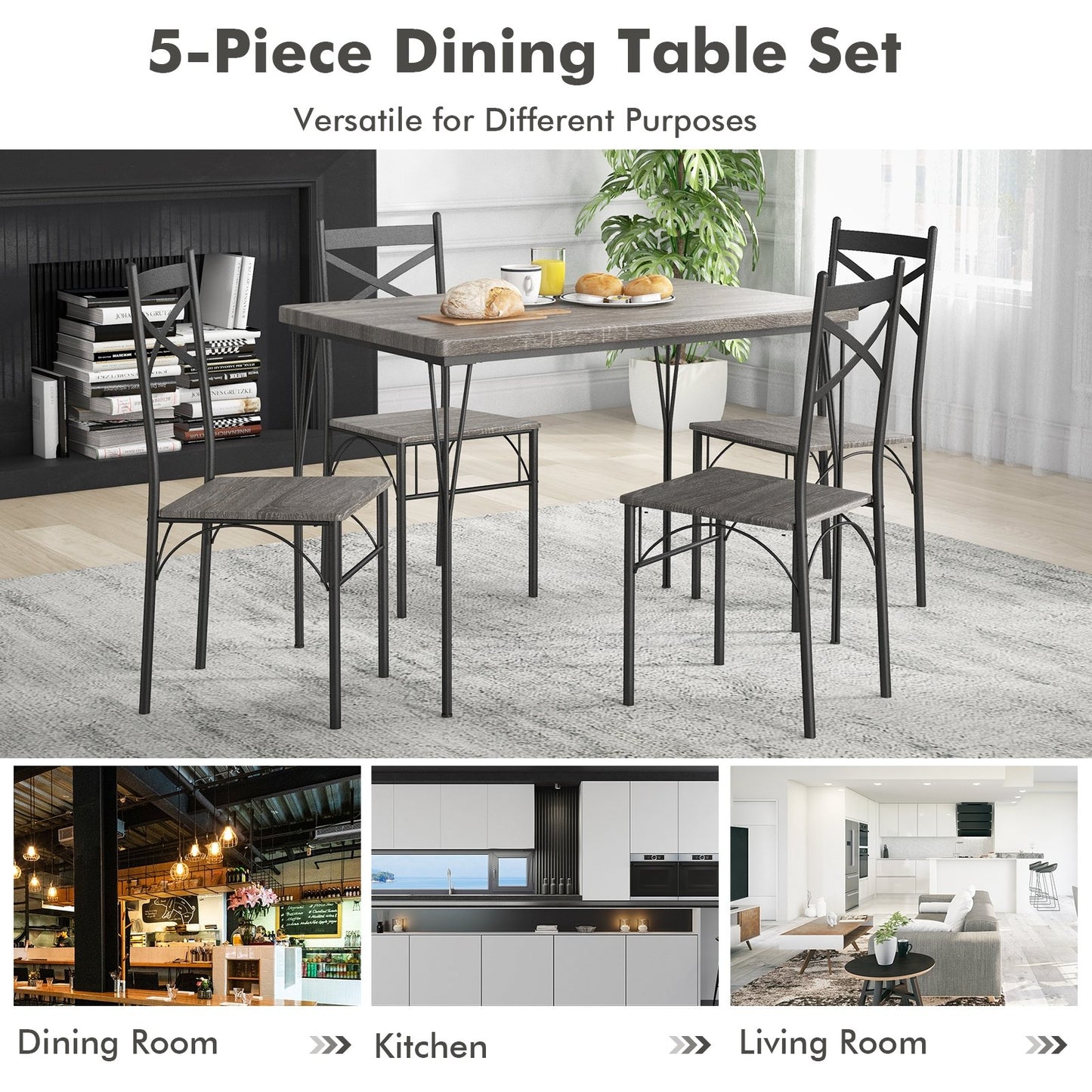 5 Pieces Dining Table Set with Metal Frame for Kitchen Dining Room, Gray