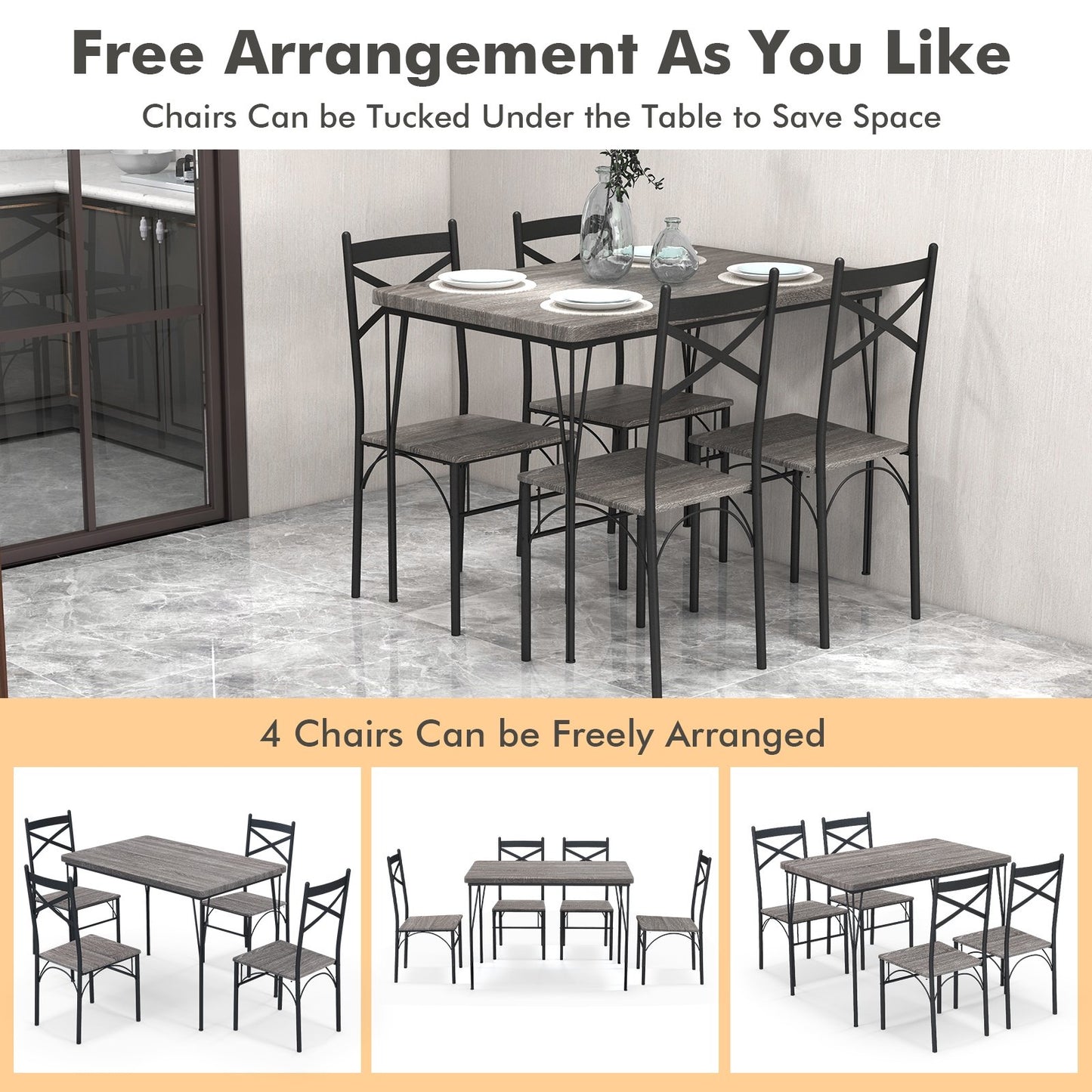 5 Pieces Dining Table Set with Metal Frame for Kitchen Dining Room, Gray