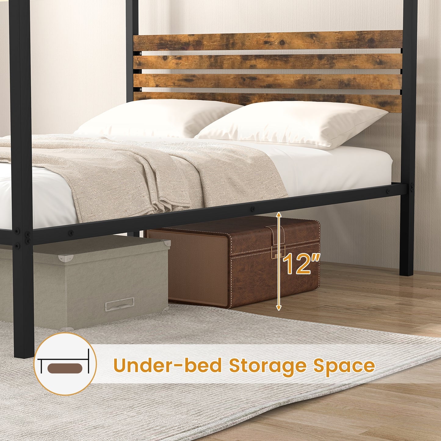 Queen Size Canopy Bed Frame with Under Bed Storage-Full Size, Rustic Brown Beds & Bed Frames at Gallery Canada