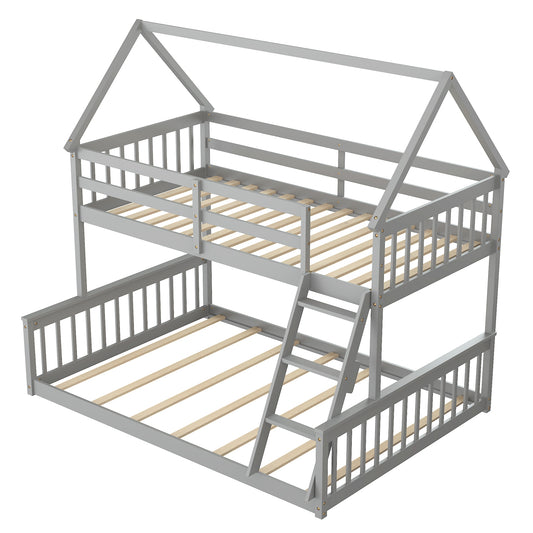 Twin Over Full House Bunk Bed with Ladder and Guardrails, Gray Bunk Bed Frame Gray at Gallery Canada