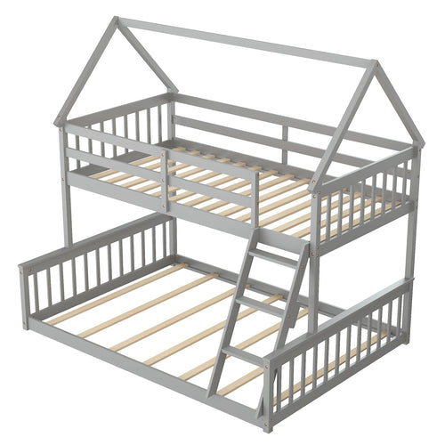 Twin Over Full Bunk Bed, With Ladder And Guardrails, Gray