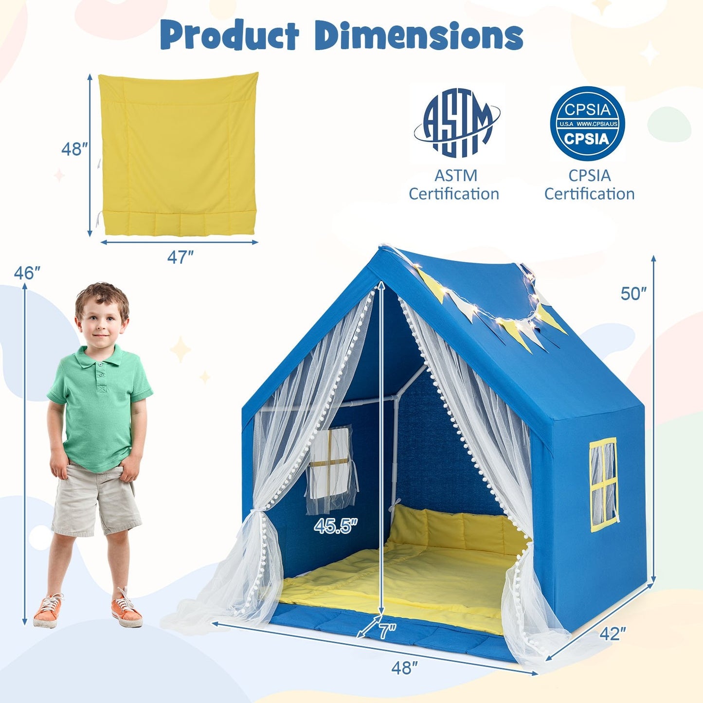 48 x 42 x 50 Inch Large Play Tent with Washable Cotton Mat Holiday Birthday Gift for Kids, Blue Play Tents & Playhouse at Gallery Canada