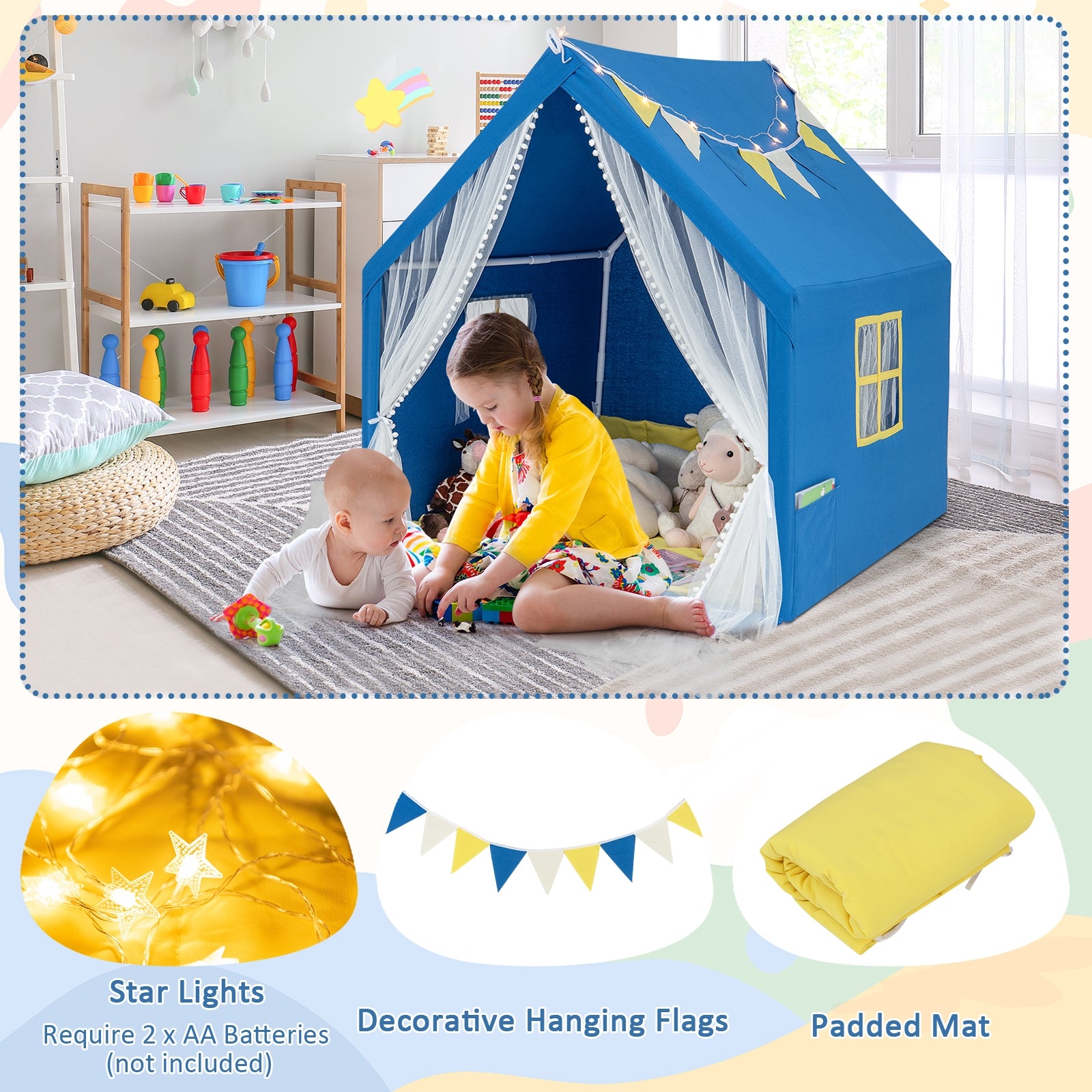 48 x 42 x 50 Inch Large Play Tent with Washable Cotton Mat Holiday Birthday Gift for Kids, Blue Play Tents & Playhouse at Gallery Canada