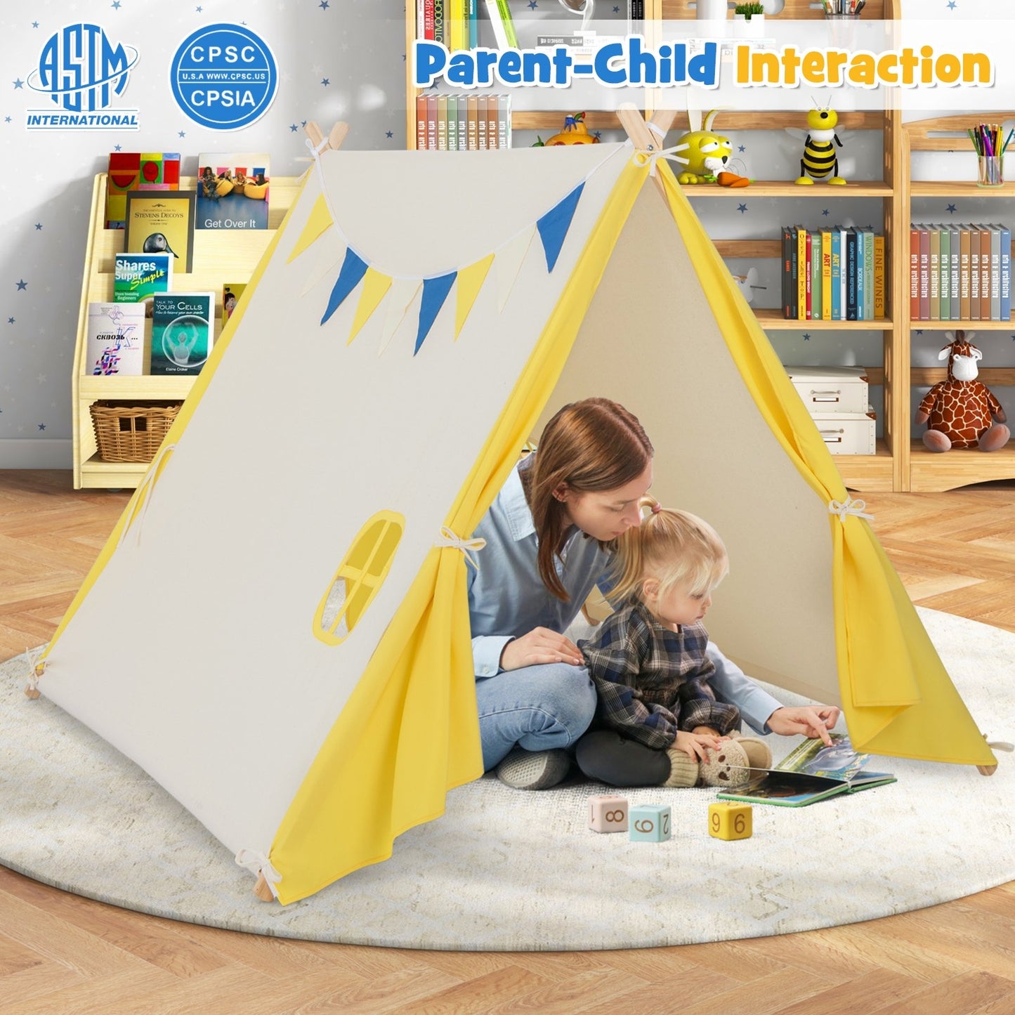 Kids Play Tent with Solid Wood Frame Holiday Birthday Gift & Toy for Boys & Girls, Yellow