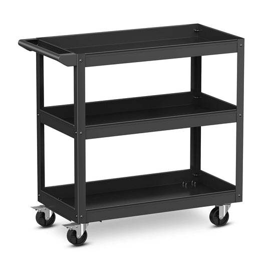 3-Tier Metal Utility Cart Trolley Tool with Flat Handle and 2 Lockable Universal Wheels, Black - Gallery Canada