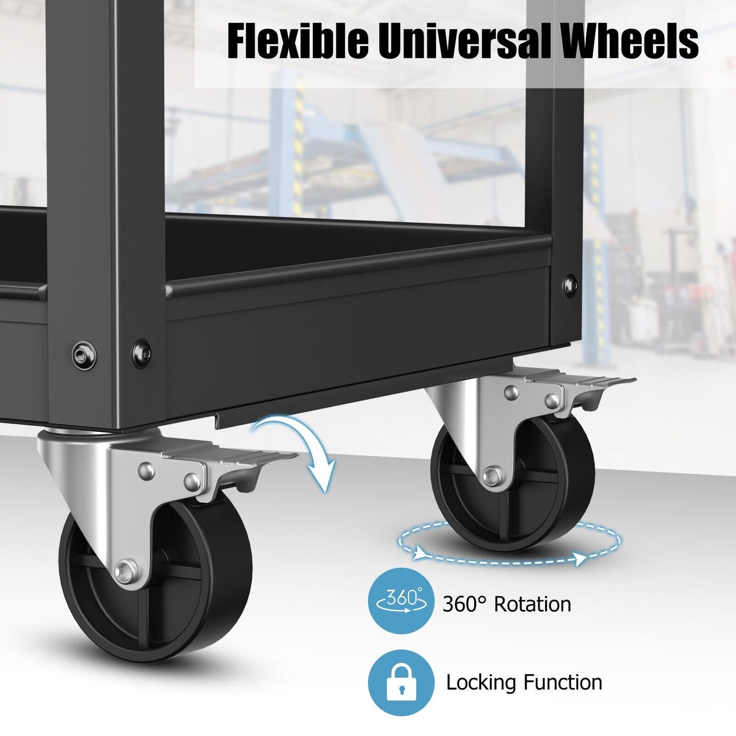 3-Tier Metal Utility Cart Trolley Tool with Flat Handle and 2 Lockable Universal Wheels, Black