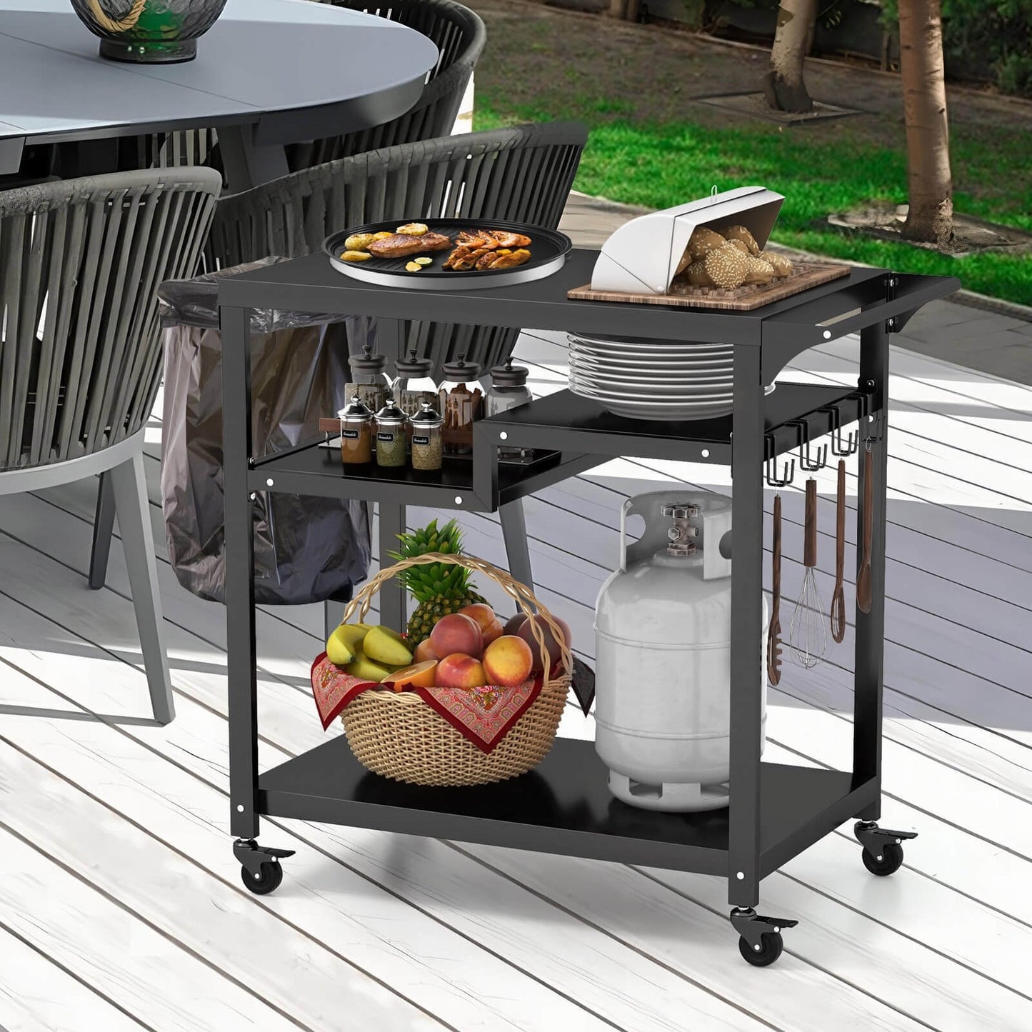 Rolling Grill Cart 3-Shelf BBQ Cart with Hooks and Side Handle, Black