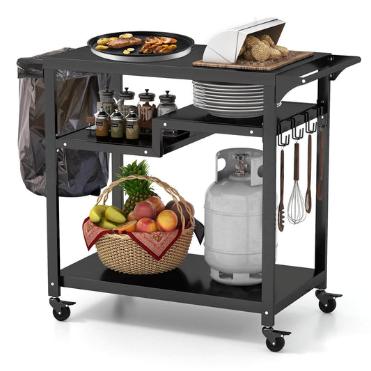 Rolling Grill Cart 3-Shelf BBQ Cart with Hooks and Side Handle, Black
