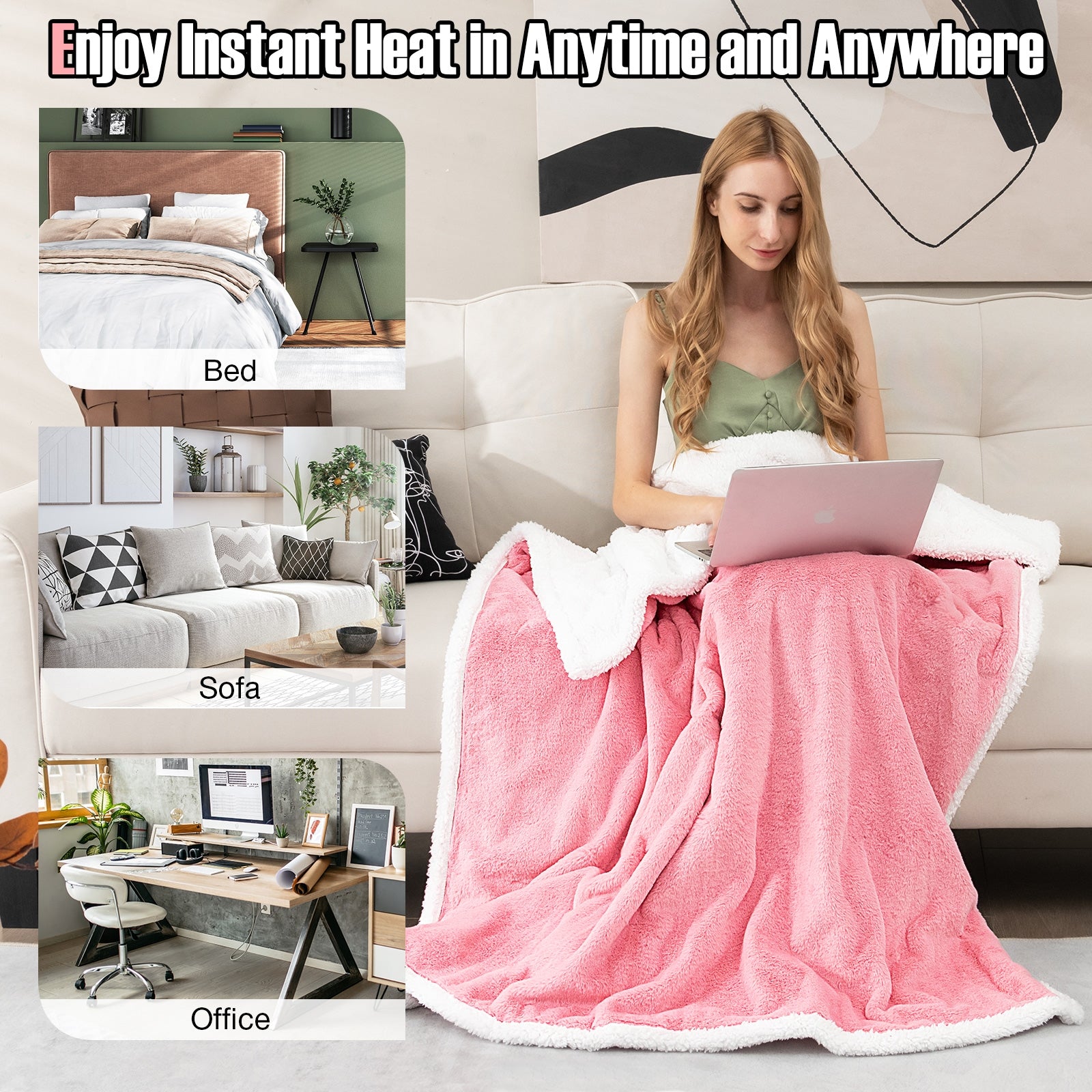 Electric Heated Blanket Throw with 10 Heat Settings, Pink Bedding at Gallery Canada