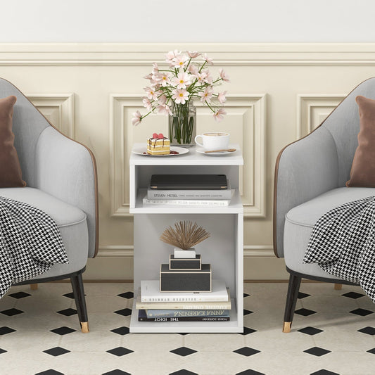 S-Shaped Side Table with Unique S-shaped Frame and 2 Open Compartments, White - Gallery Canada