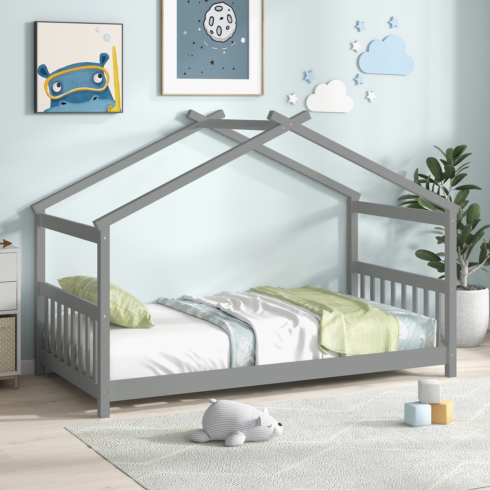 Twin Size Wooden House Bed with Roof, Gray Simple Bed Frame at Gallery Canada