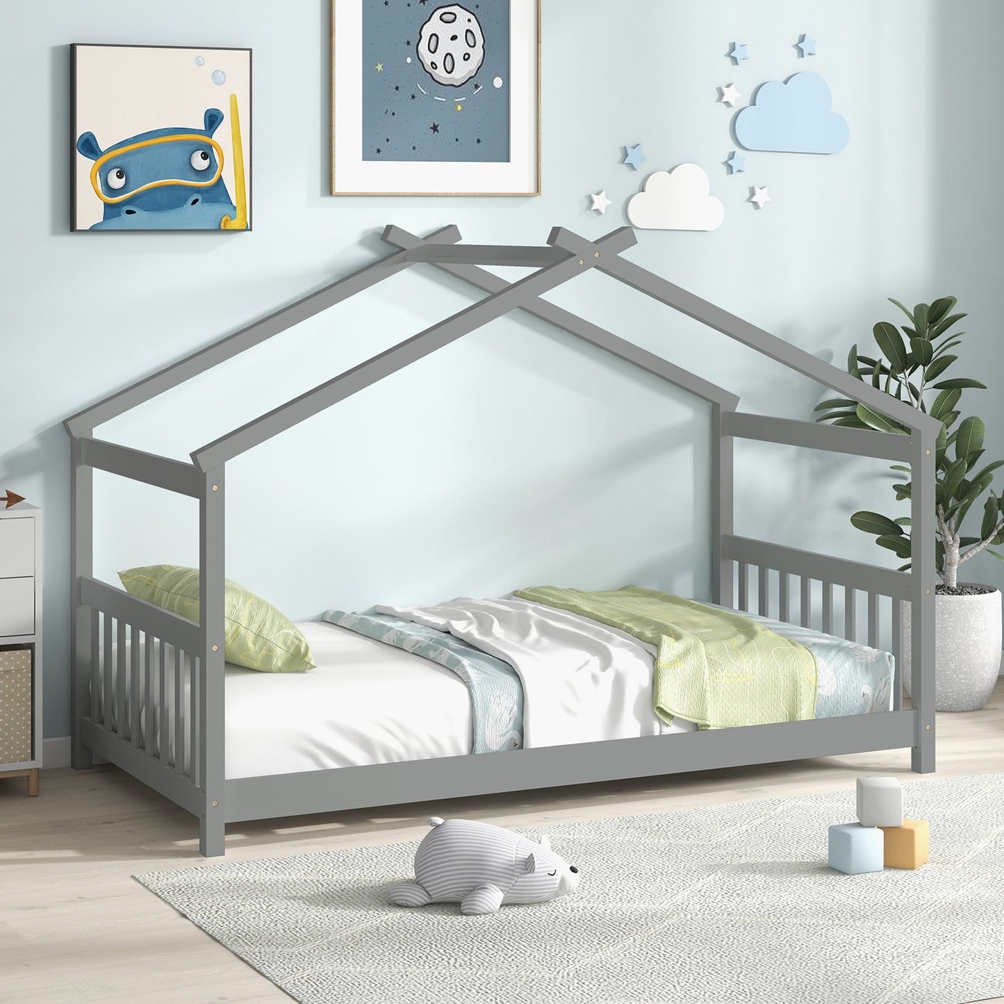 Twin Size Wooden House Bed with Roof, Gray Simple Bed Frame at Gallery Canada