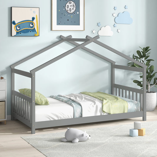 Twin Size Wooden House Bed with Roof, Gray - Gallery Canada