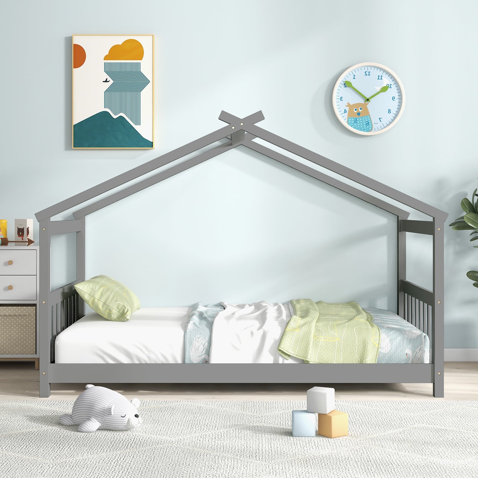 Twin Size Wooden House Bed with Roof, Gray Simple Bed Frame at Gallery Canada
