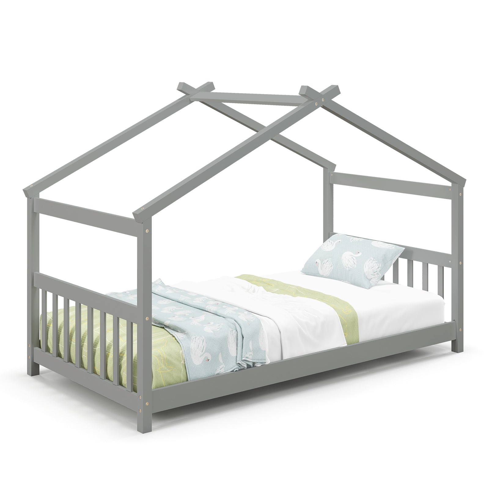 Twin Size Wooden House Bed with Roof, Gray Simple Bed Frame at Gallery Canada