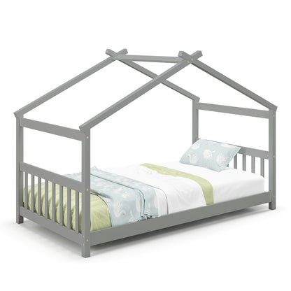 Twin Size Wooden House Bed with Roof, Gray Simple Bed Frame at Gallery Canada