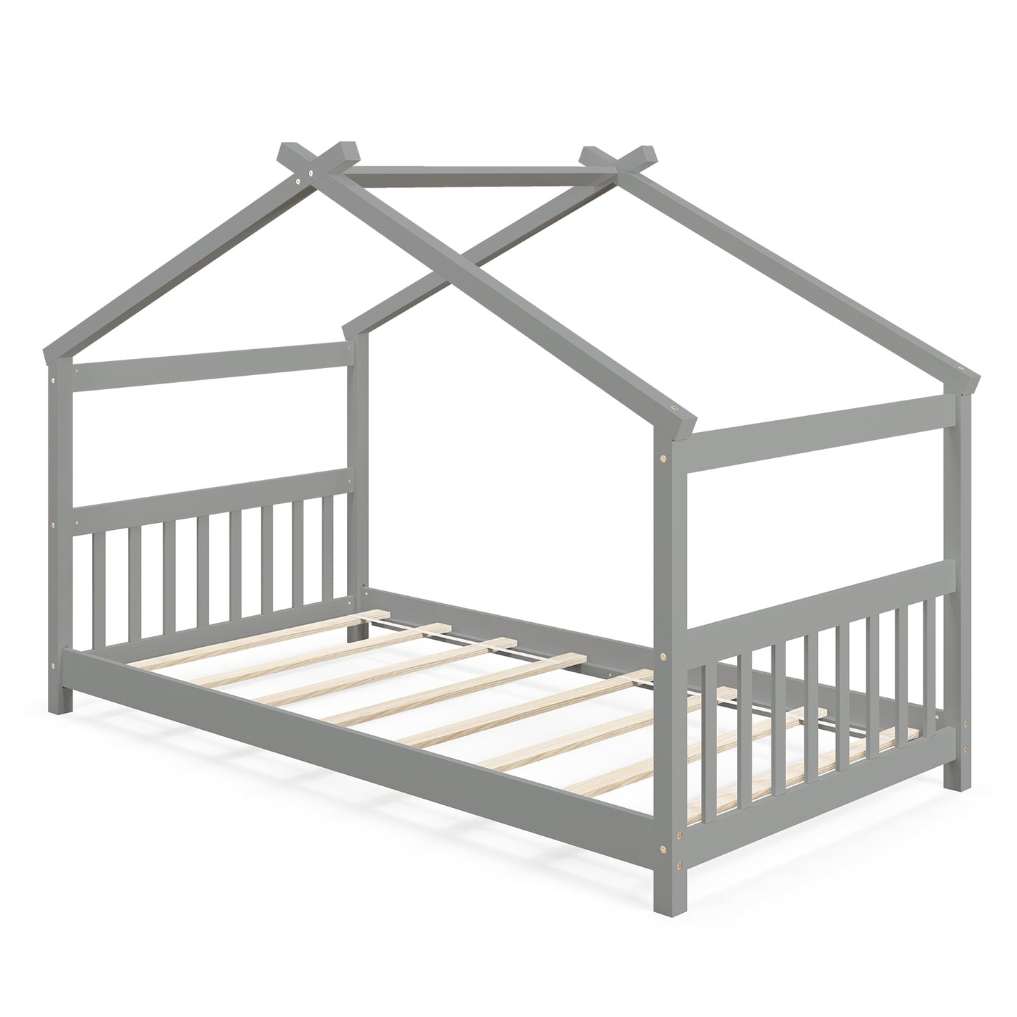 Twin Size Wooden House Bed with Roof, Gray Simple Bed Frame Gray at Gallery Canada