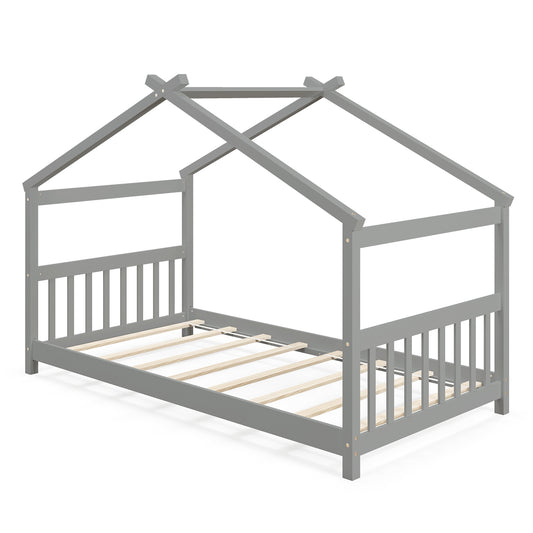 Twin Size Wooden House Bed with Roof, Gray Simple Bed Frame Gray at Gallery Canada