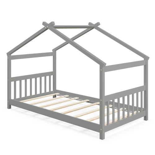 Twin Size Wooden House Bed With Roof, Gray