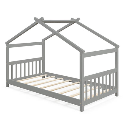 Twin Size Wooden House Bed with Roof, Gray Simple Bed Frame at Gallery Canada
