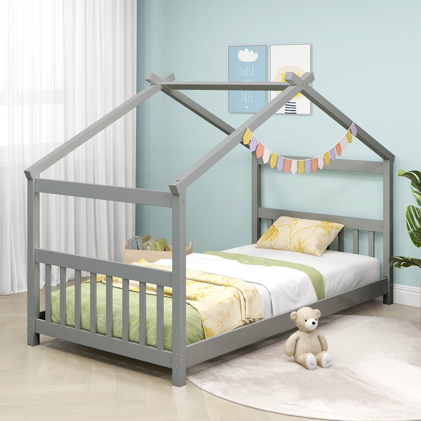 Twin Size Wooden House Bed with Roof, Gray Simple Bed Frame at Gallery Canada