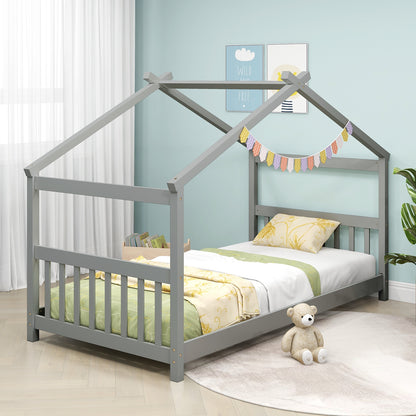 Twin Size Wooden House Bed with Roof, Gray Simple Bed Frame at Gallery Canada