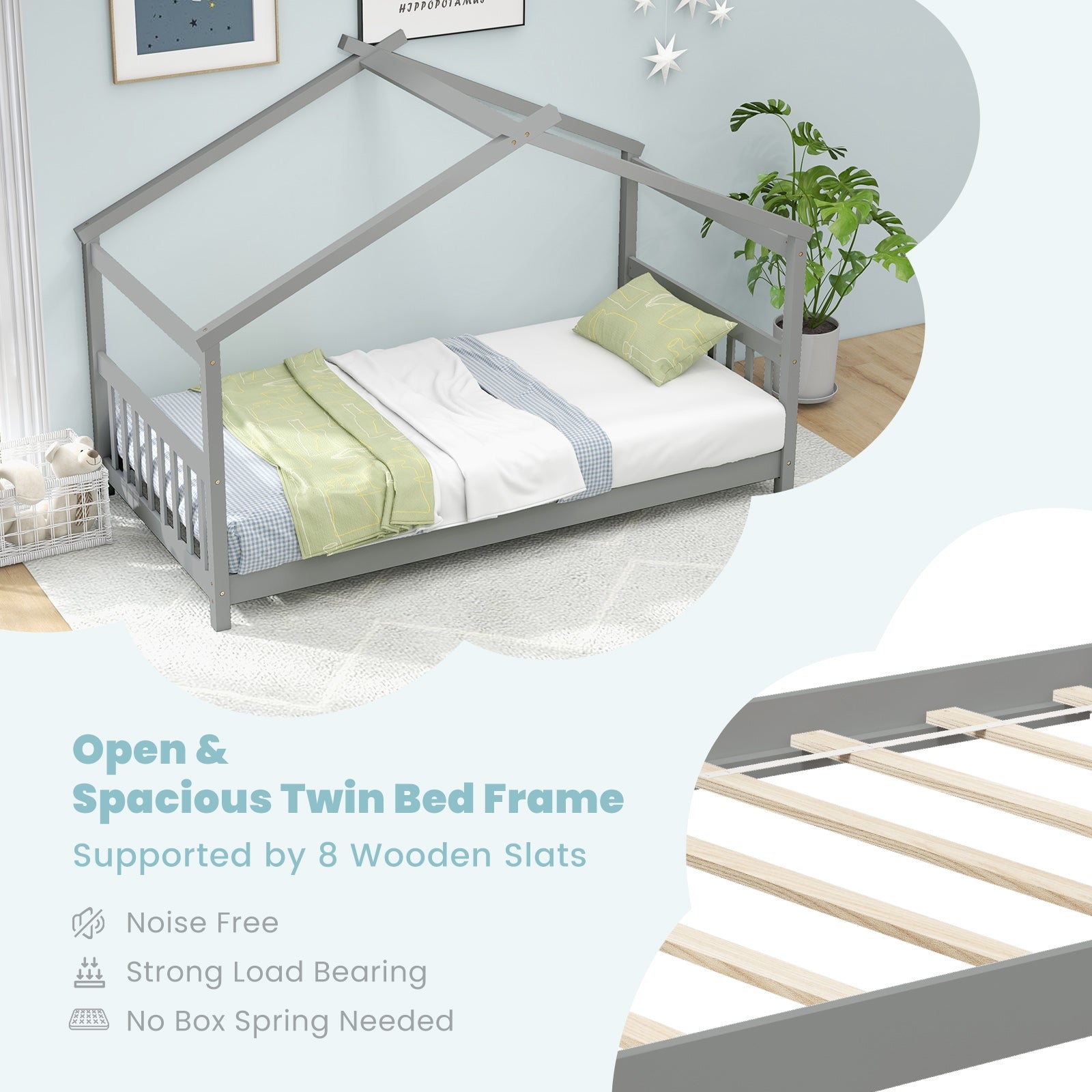 Twin Size Wooden House Bed with Roof, Gray Simple Bed Frame at Gallery Canada