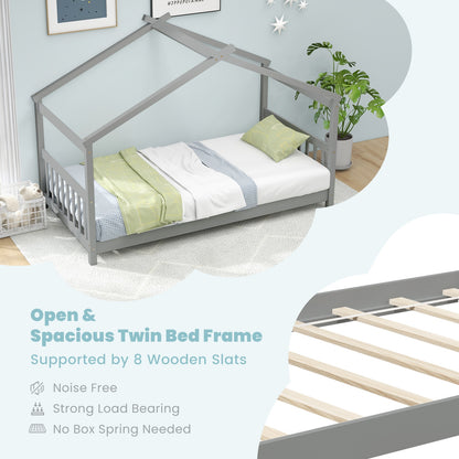 Twin Size Wooden House Bed with Roof, Gray Simple Bed Frame at Gallery Canada