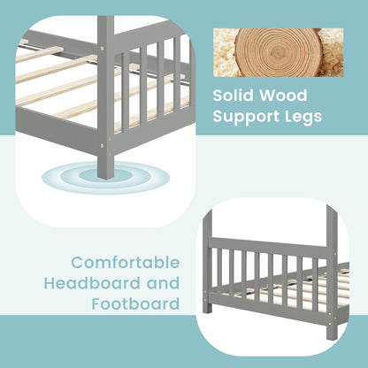 Twin Size Wooden House Bed with Roof, Gray Simple Bed Frame at Gallery Canada