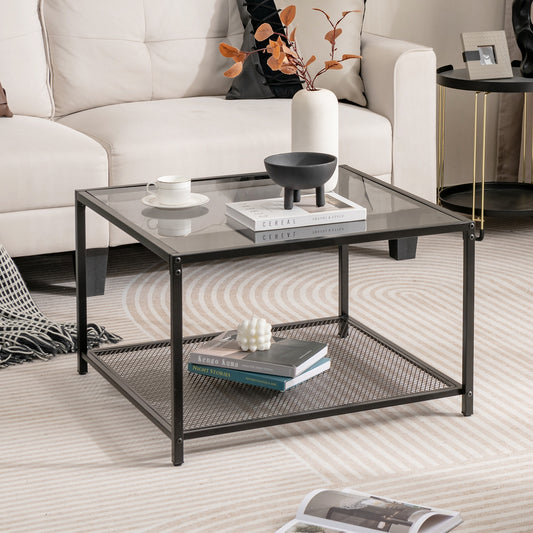 Modern 2-Tier Square Glass Coffee Table with Mesh Shelf, Gray Coffee Tables Gray at Gallery Canada