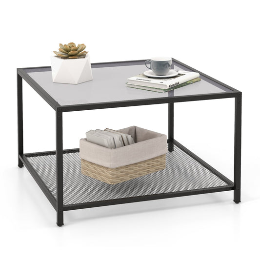 Modern 2-Tier Square Glass Coffee Table with Mesh Shelf, Gray
