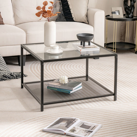 Modern 2-Tier Square Glass Coffee Table with Mesh Shelf, Transparent - Gallery Canada