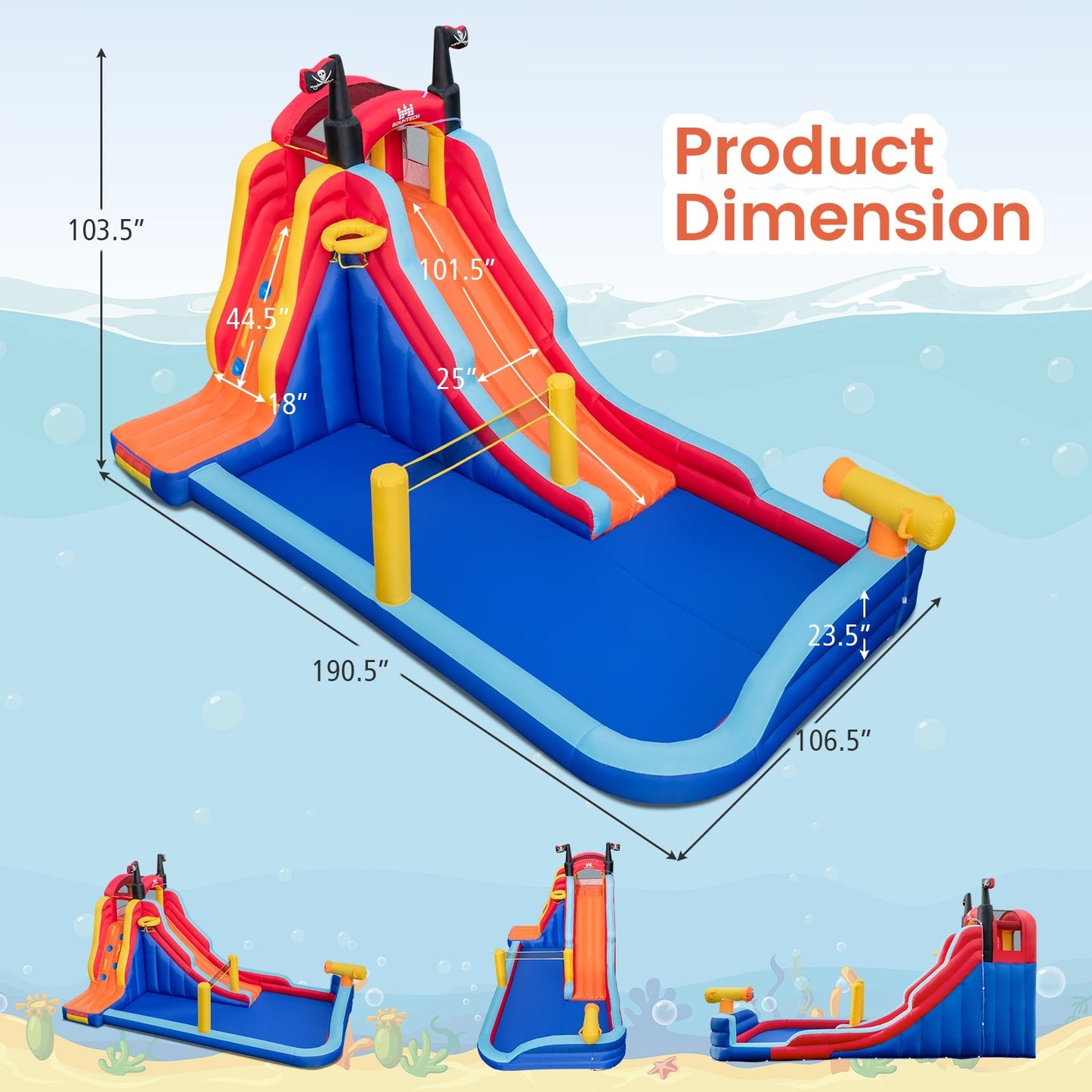 5-in-1 Inflatable Bounce House with 2 Water Slides and Large Splash Pool With 750W Blower, Blue