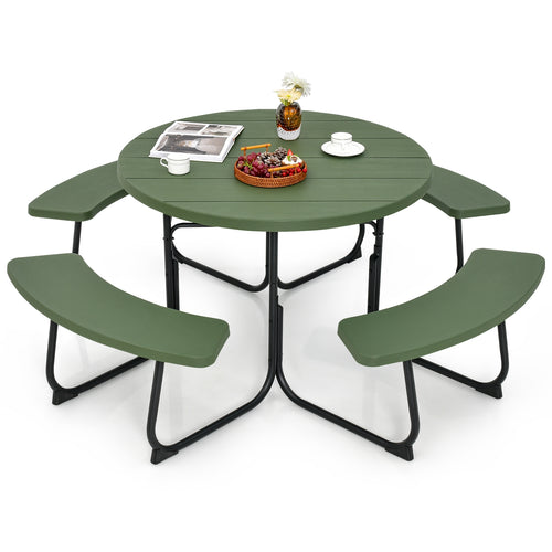 8-Person Outdoor Picnic Table and Bench Set with Umbrella Hole, Green