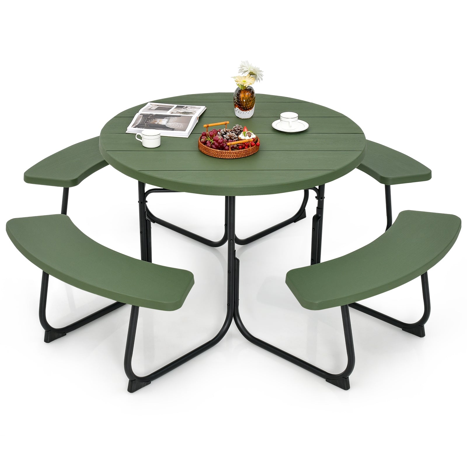 8-Person Picnic Table With Bench Set, Umbrella Hole, Green Picnic Tables at Gallery Canada
