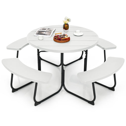 8-Person Picnic Table With Bench Set, Umbrella Hole, White