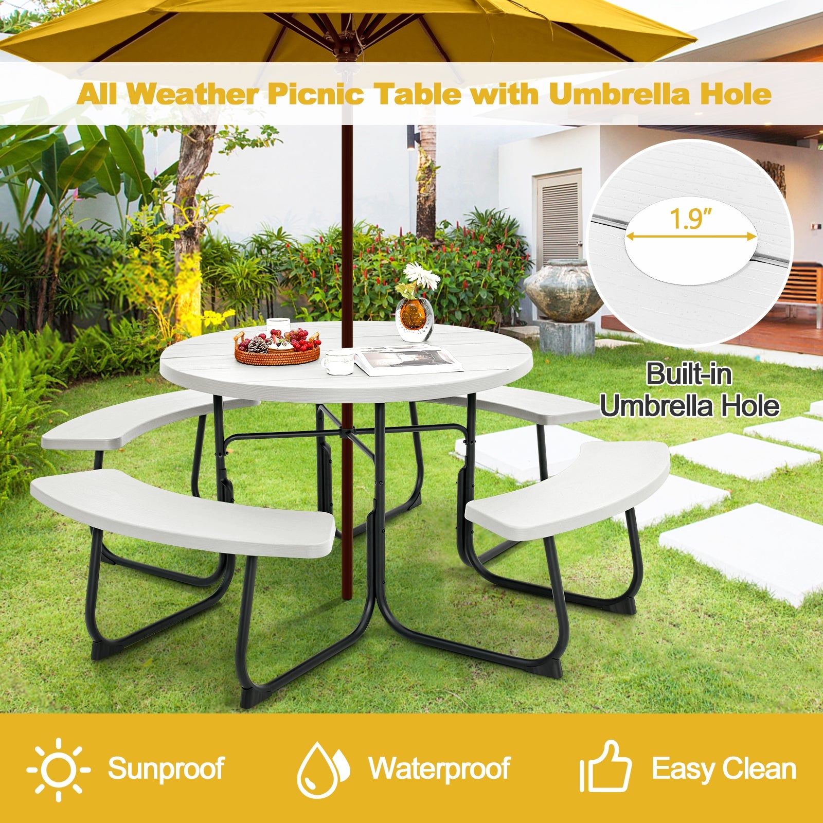 8-Person Outdoor Picnic Table and Bench Set with Umbrella Hole, White Picnic Tables at Gallery Canada