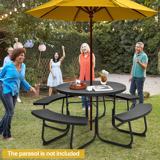 8-Person Picnic Table Bench Set, Umbrella Hole, Black Picnic Tables Black at Gallery Canada