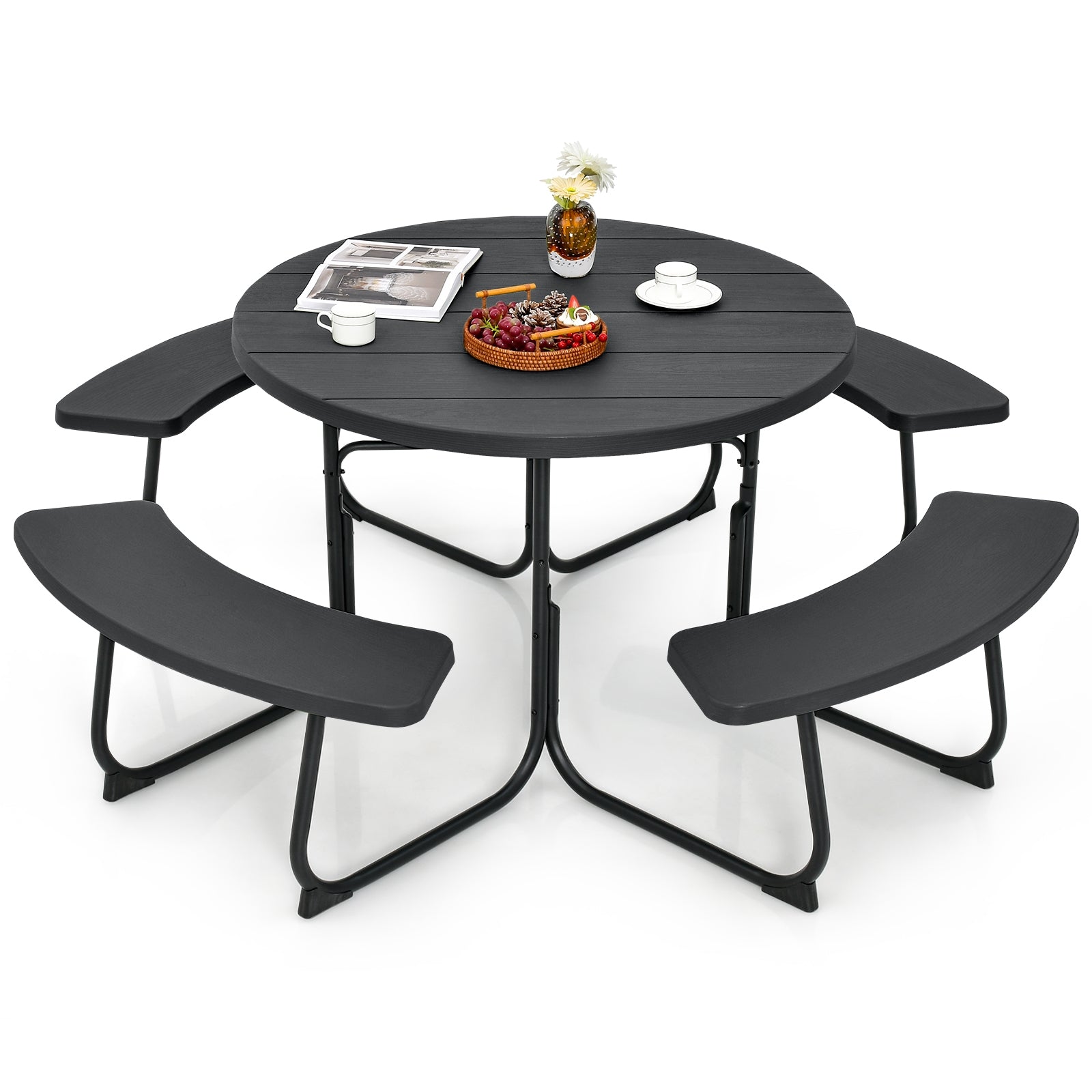 8-Person Picnic Table Bench Set, Umbrella Hole, Black Picnic Tables Black at Gallery Canada