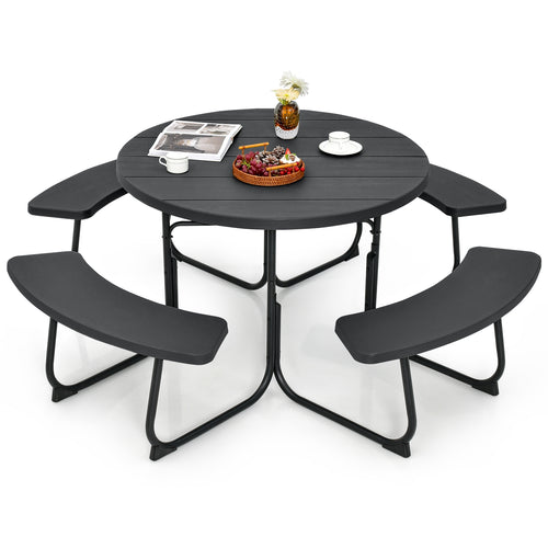 8-Person Picnic Table Bench Set, Umbrella Hole, Black
