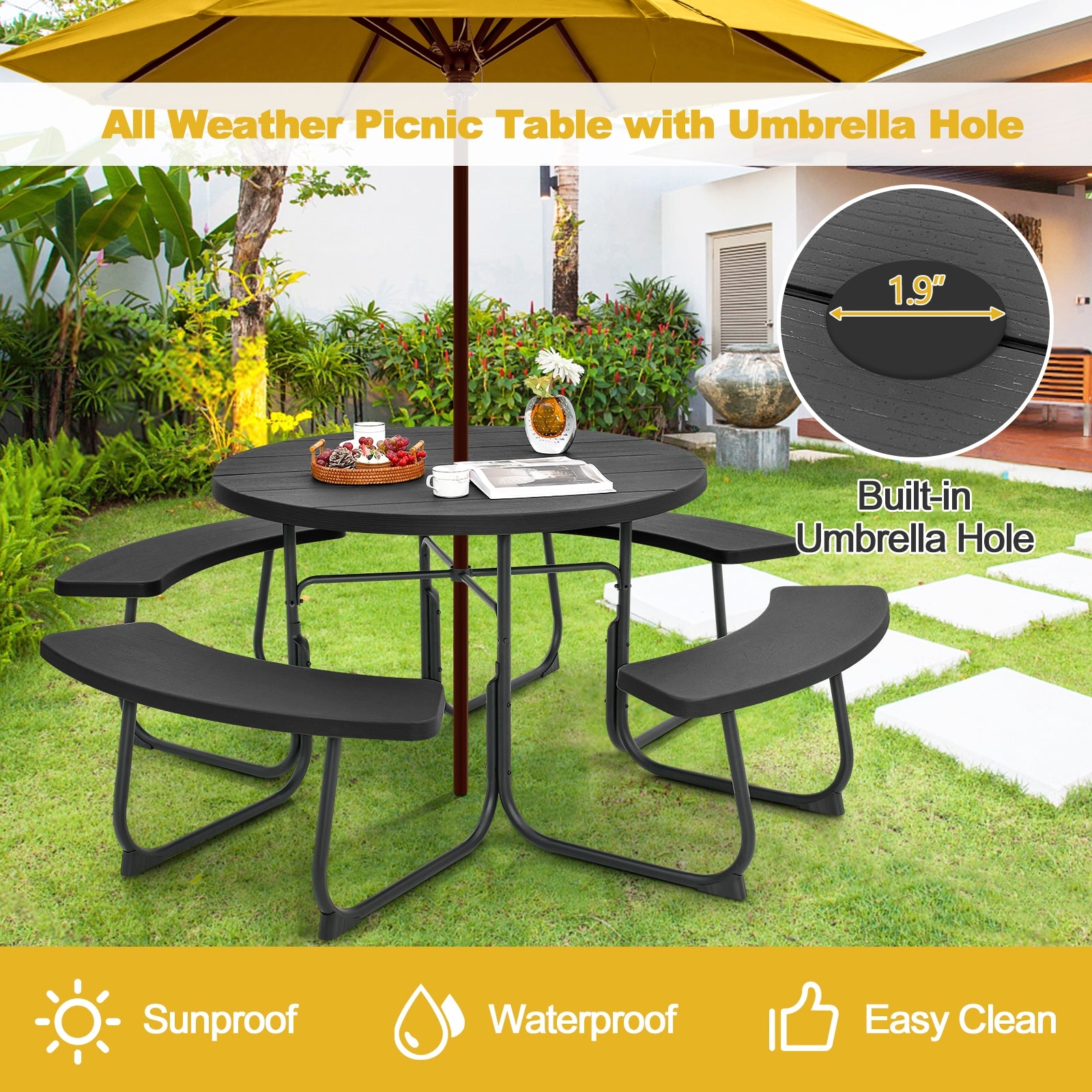 8-Person Picnic Table Bench Set, Umbrella Hole, Black Picnic Tables at Gallery Canada
