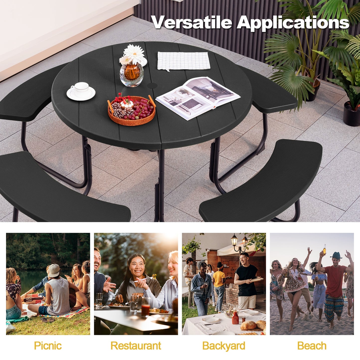 8-Person Picnic Table Bench Set, Umbrella Hole, Black Picnic Tables at Gallery Canada