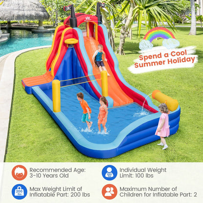 5-in-1 Inflatable Bounce House with 2 Water Slides and Large Splash Pool With 950W Blower, Blue