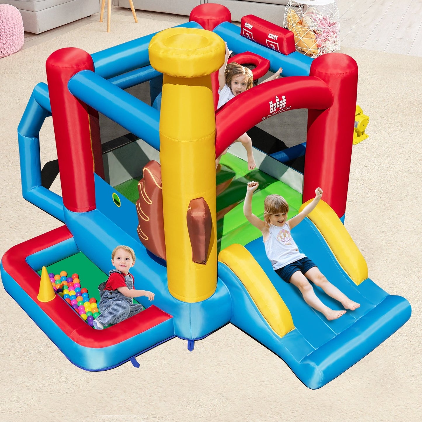 Baseball Themed Inflatable Bounce House with Ball Pit and Ocean Balls with 735W Blower, Multicolor