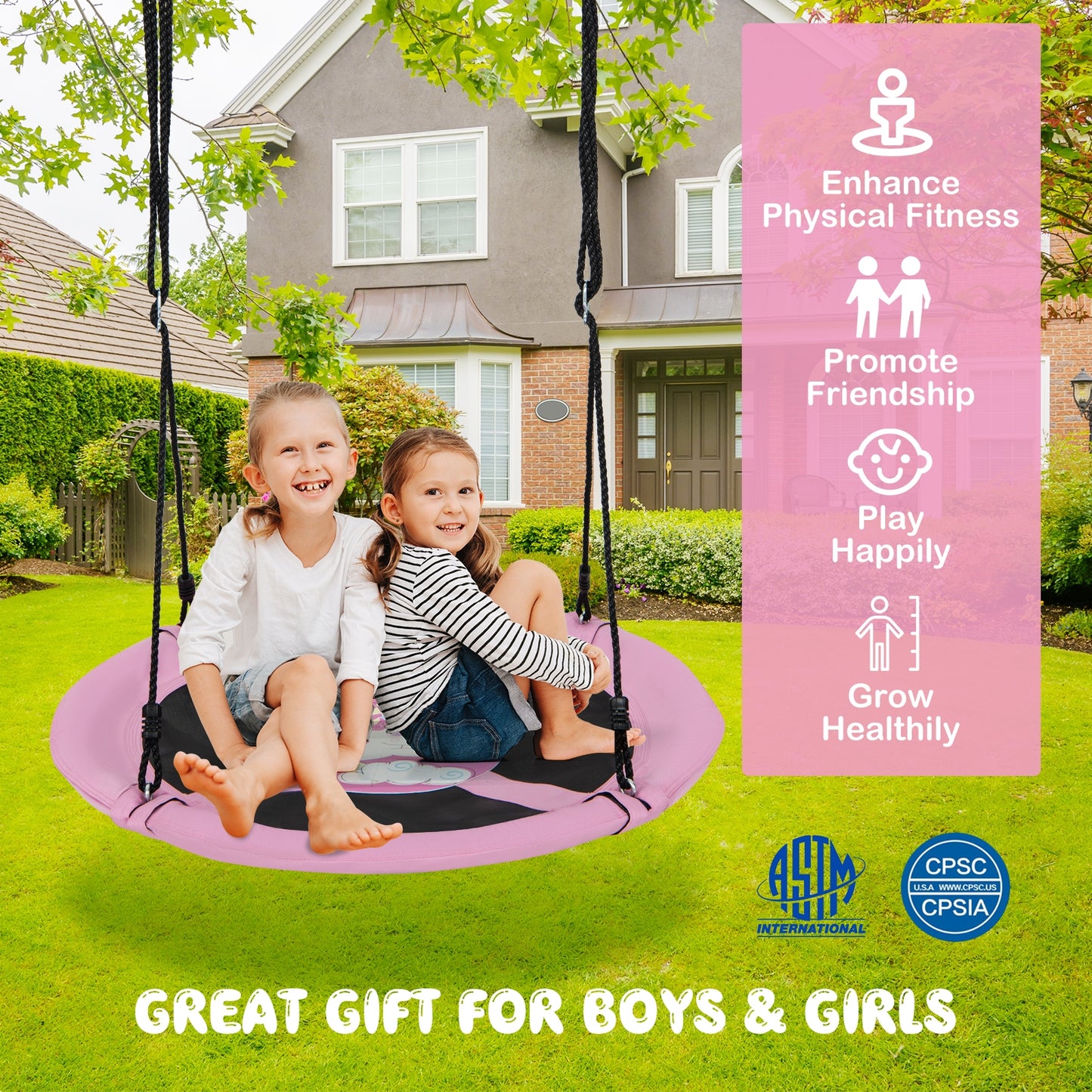 40 Inches Saucer Tree Swing Round with Adjustable Ropes and Carabiners, Pink Swing & Playsets at Gallery Canada