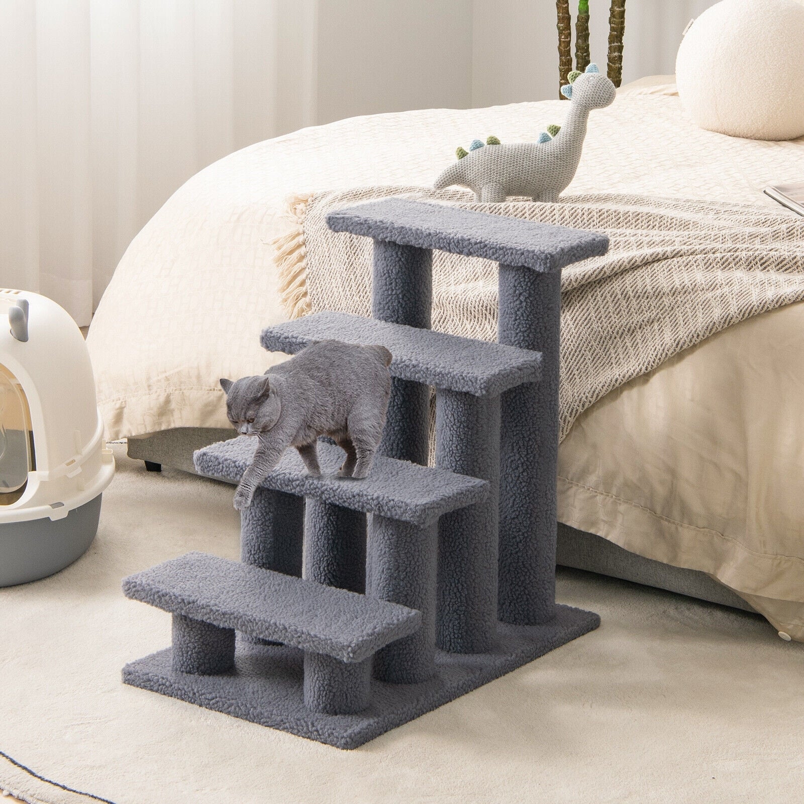 24 Inch 4-Step Pet Stairs Carpeted Ladder Ramp Scratching Post Cat Tree Climber, Gray Cat Trees Condos & Scratchers at Gallery Canada
